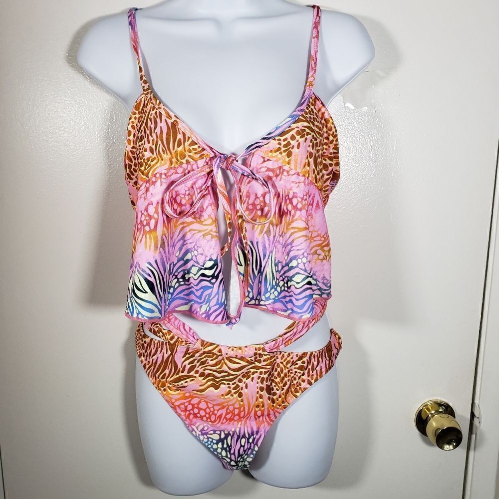 Fashion Nova Colorful Animal Print 2 Piece Bikini Set NWOT Size L